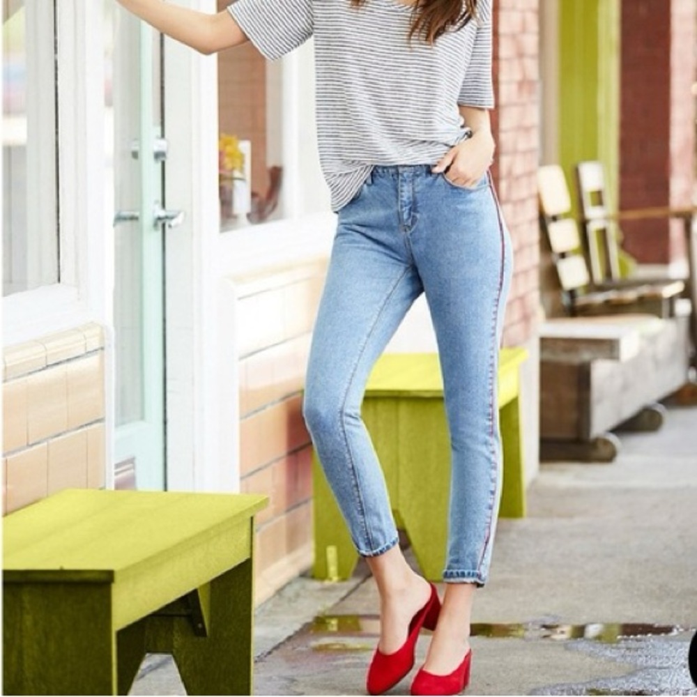 Light Blue Denim Skinny Jeans with Side Stripe - Women